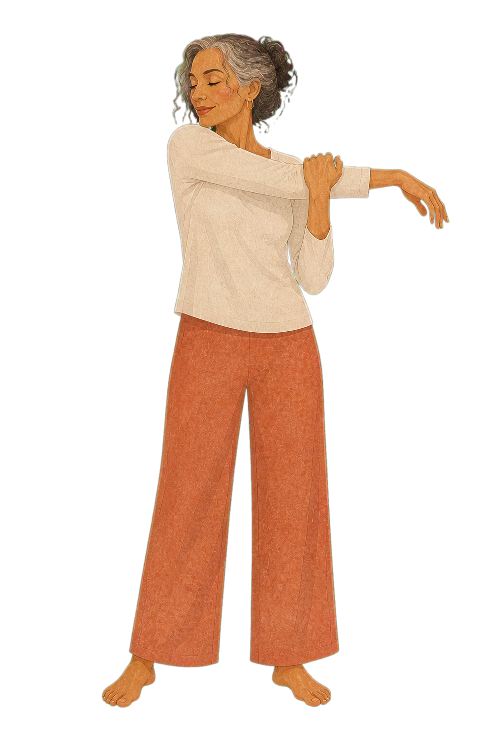 A textured editorial illustration of an older woman practicing a gentle shoulder stretch